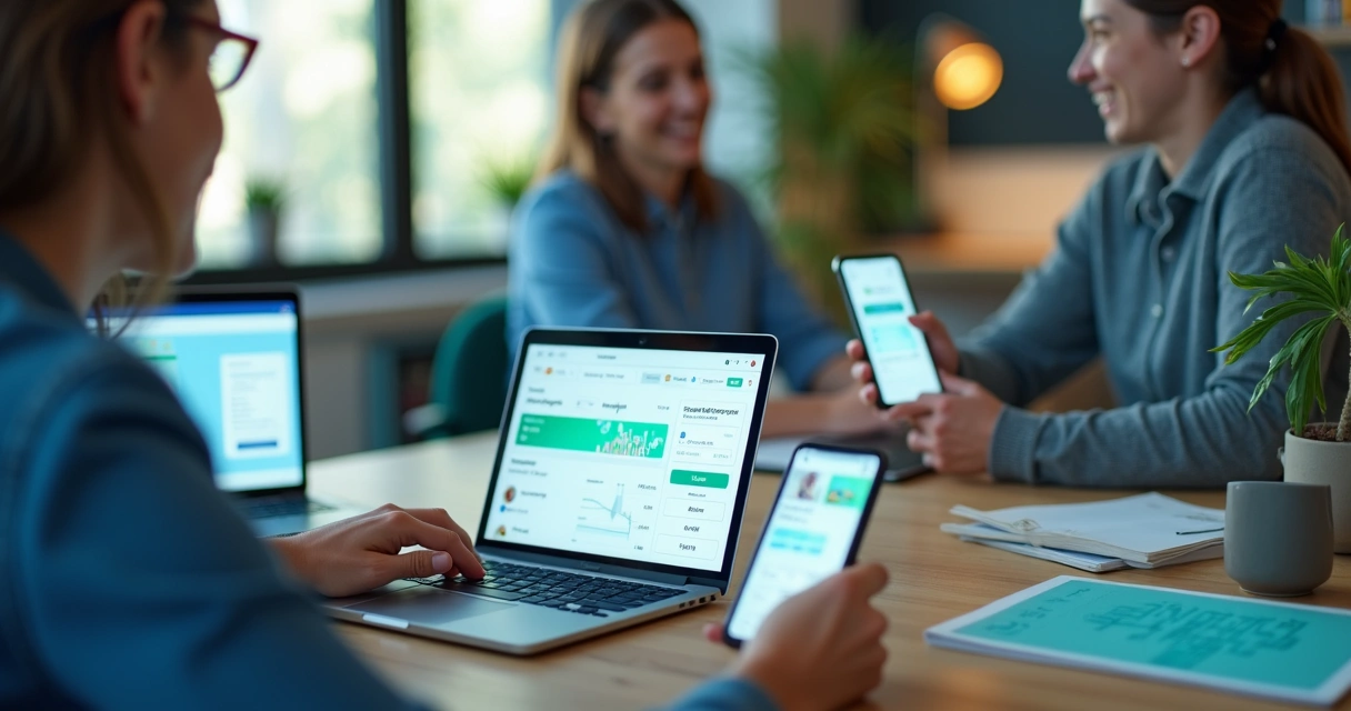 Clientes usando aplicativo de fintech em diferentes dispositivos 