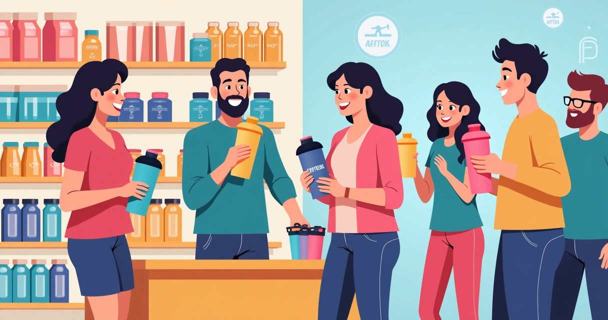 Clientes em loja de suplementos segurando coqueteleiras personalizadas, sorrindo e conversando 