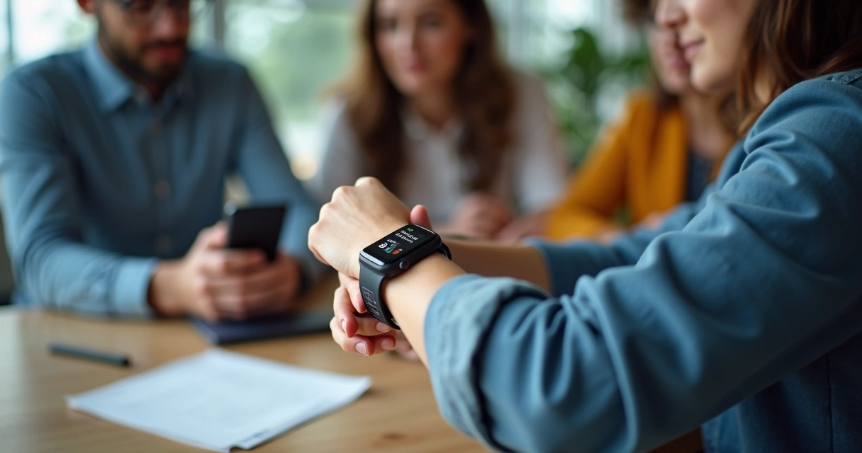 Pessoas interagindo com relógios inteligentes em um ambiente de trabalho moderno 