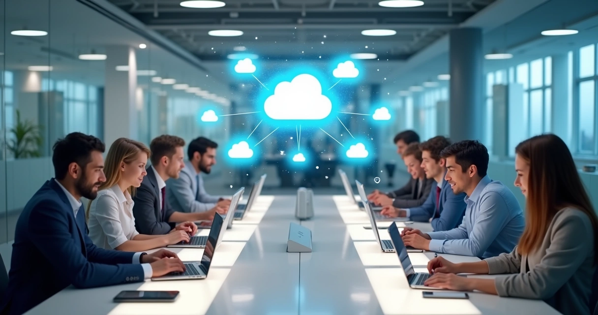 Usuários acessando software SaaS em dispositivos variados 