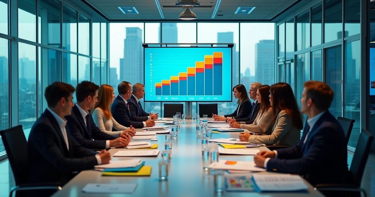 Equipe analisando carteira de clientes valiosos em sala de reunião 