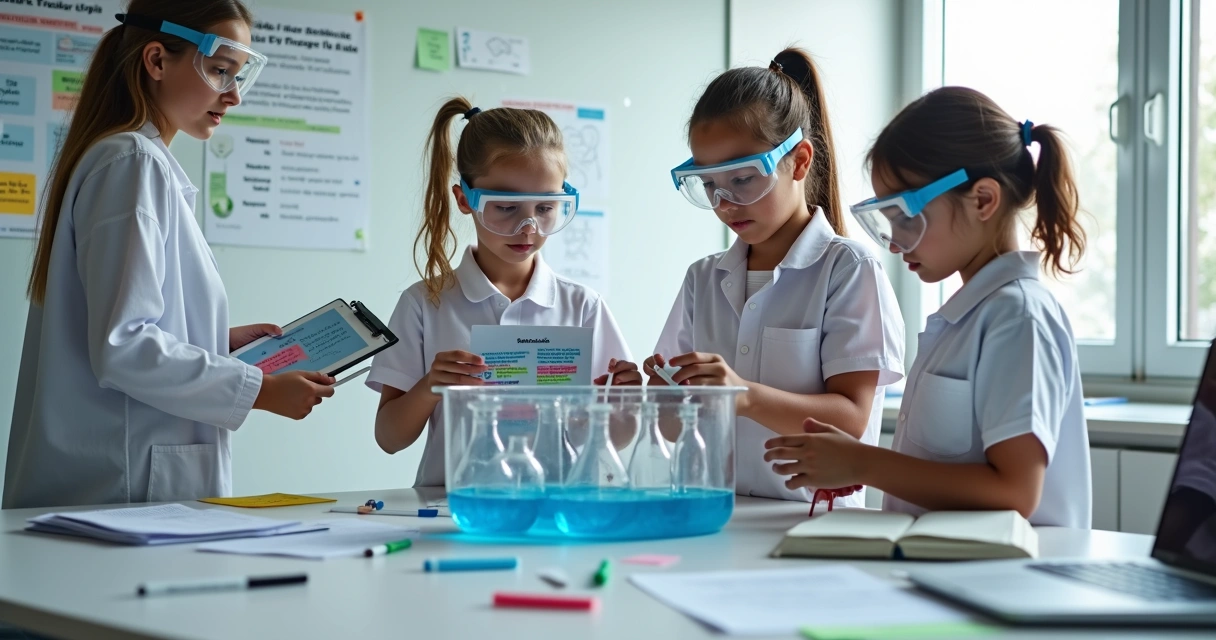 Experimento de ciências conduzido em inglês e português em laboratório escolar moderno 