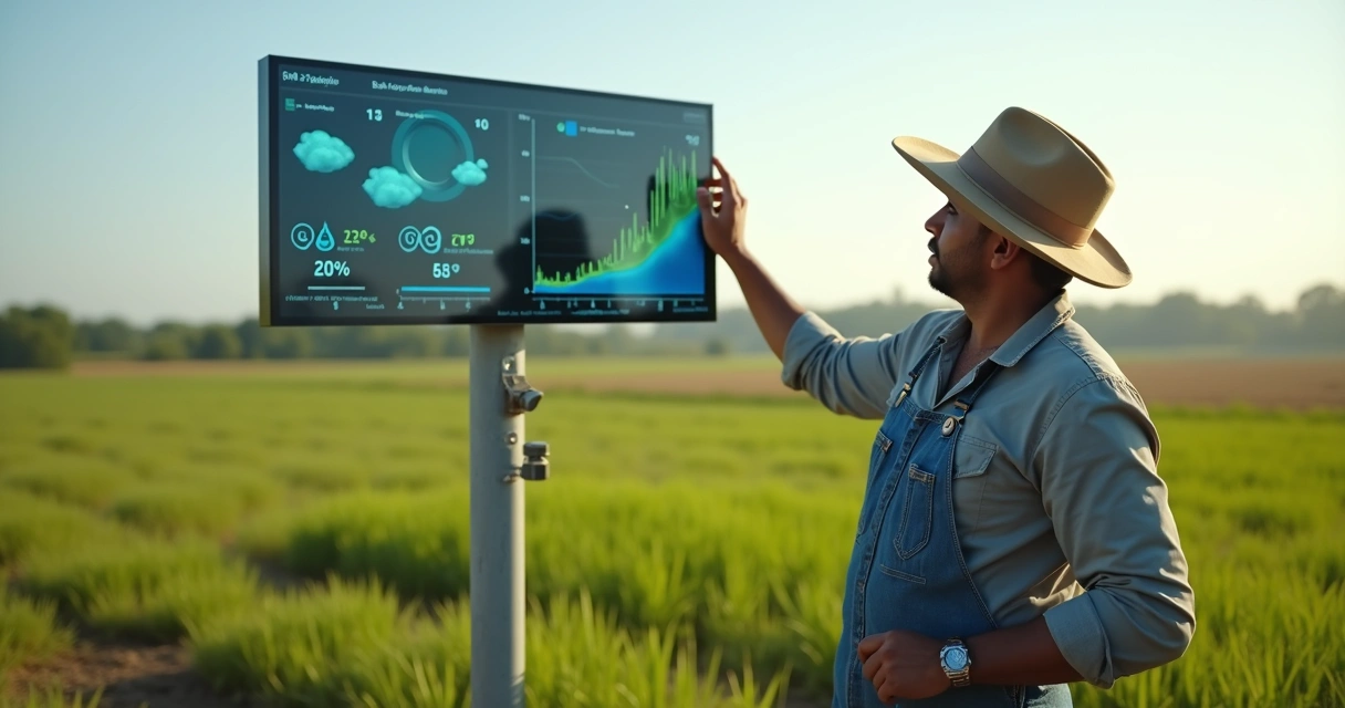 Agricultor em campo verificando equipamentos meteorológicos 