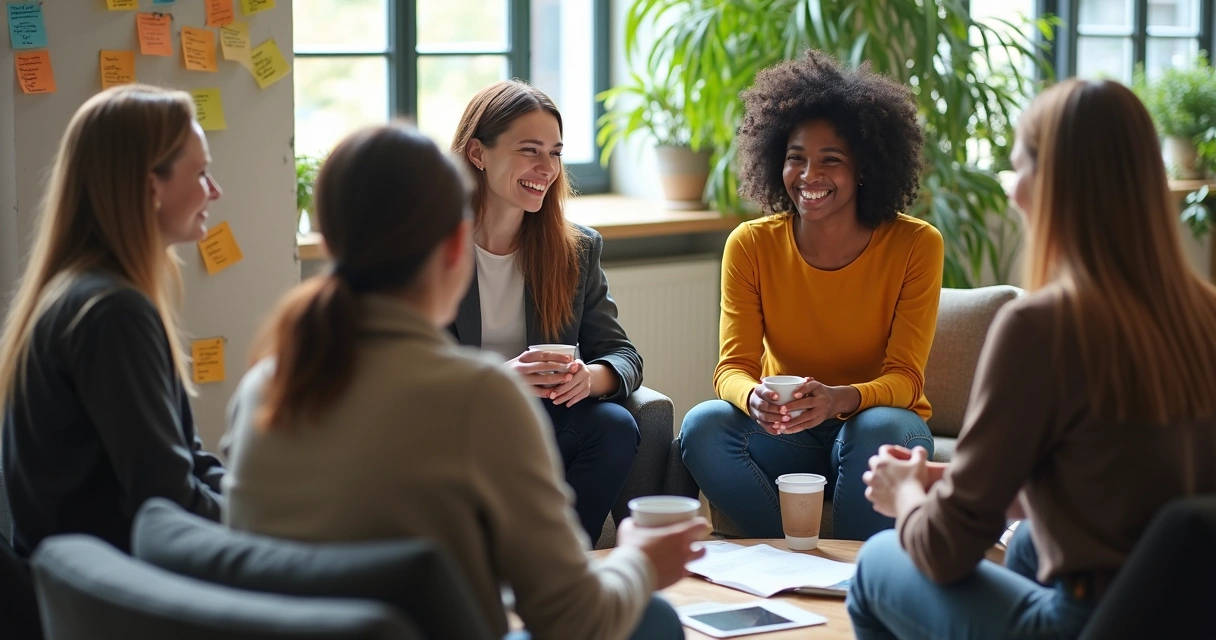 Equipe reunida em círculo trocando ideias em ambiente de trabalho descontraído 