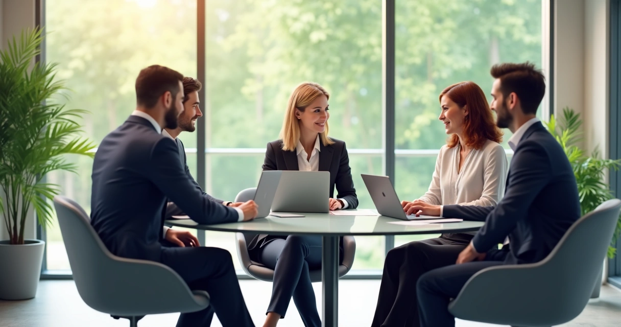 Equipe imobiliária reunida em sala de reunião moderna 