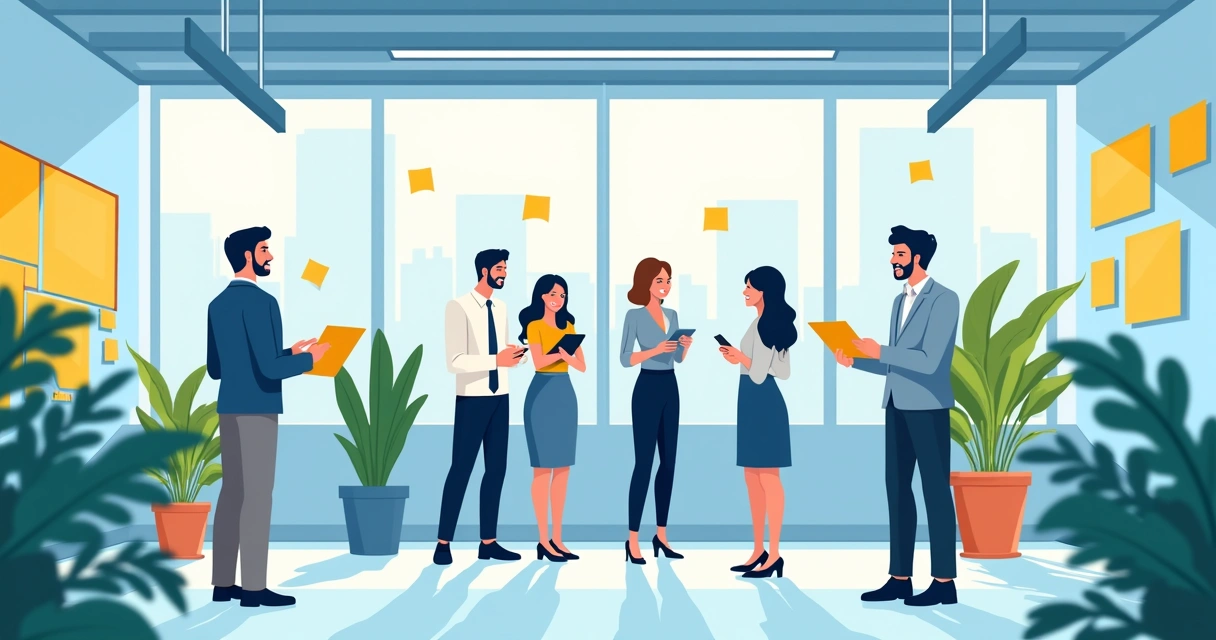 Profissionais conversando e sorrindo em sala de trabalho iluminada