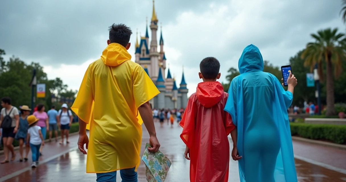 Família com capas de chuva coloridas caminhando em frente ao castelo da Disney em dia nublado em Orlando 
