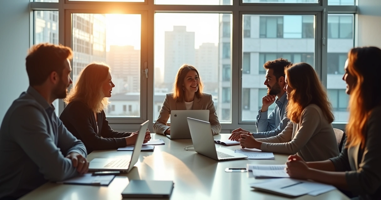 Equipe reunida em sala de reunião, com expressões de diferentes emoções e gestos de apoio mútuo 