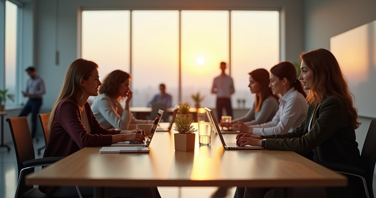 Equipo de trabajo en oficina abierta conectado por luces de colores sutiles 