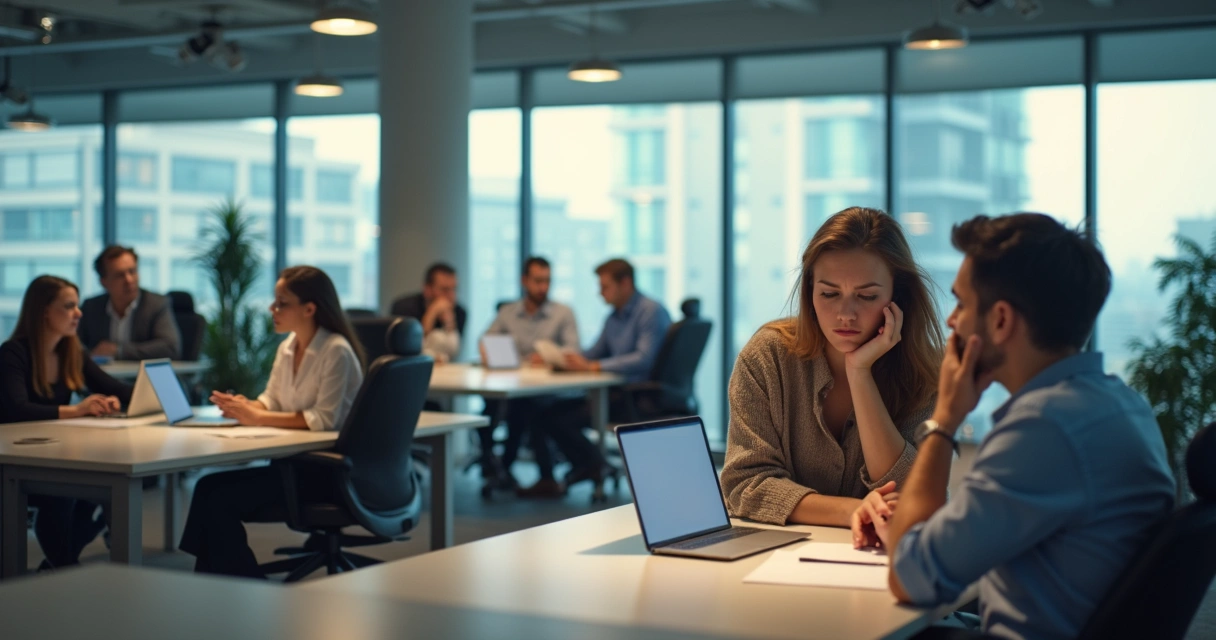 Ambiente de escritório com expressões variadas de colaboradores 