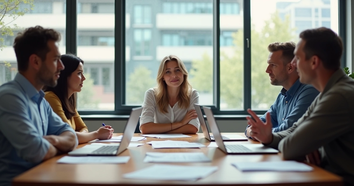 Grupo de cinco pessoas em sala de reunião, demonstrando diferentes emoções, variando de preocupação a entusiasmo, com papéis e laptops na mesa 