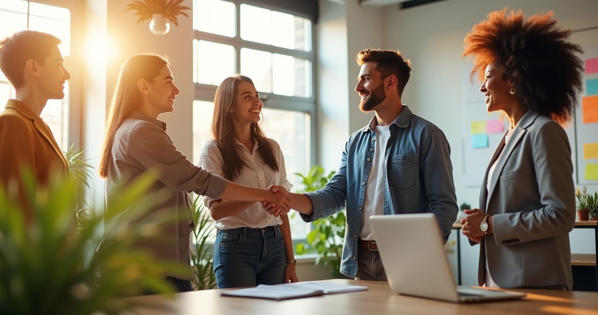 Pessoas em um escritório trocando sorrisos e cumprimentos calorosos