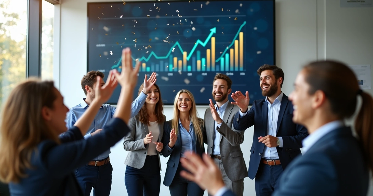 Equipe empresarial comemorando com gráficos de sucesso ao fundo 