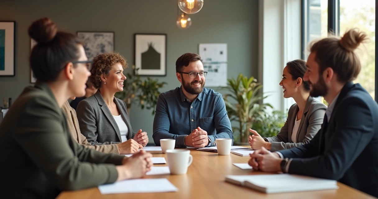 Equipe de trabalho reunida, trocando ideias ao redor de uma mesa, com expressão de harmonia.