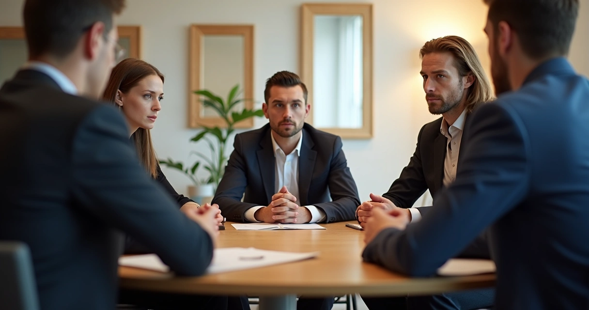 Equipe de trabalho reunida sentada em círculo, todos demonstrando expressão de expectativa e tensão discreta, sala iluminada suavemente 