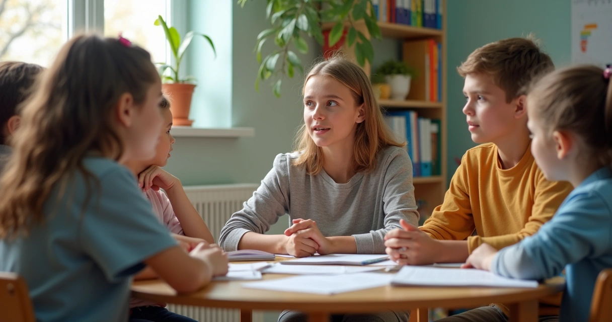Alunos e professores interagem em sala de aula com atmosfera leve e colaborativa 