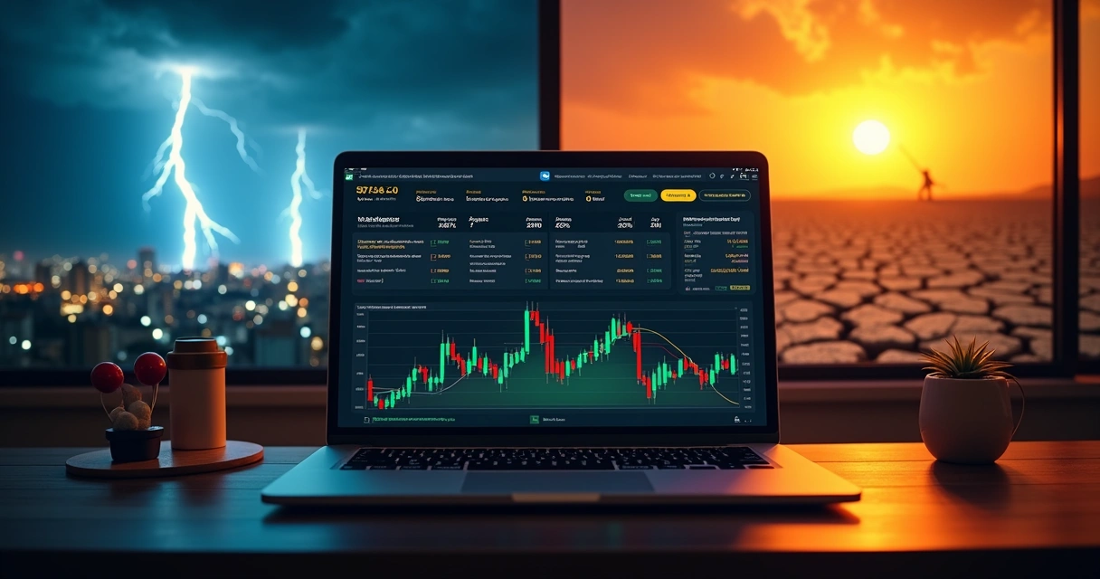 Tela de plataforma de apostas com gráficos ao fundo de tempestade e seca 