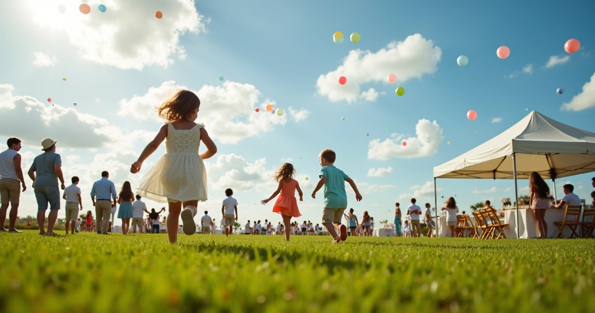 Crianças brincando sob céu parcialmente nublado em festa ao ar livre na Flórida 