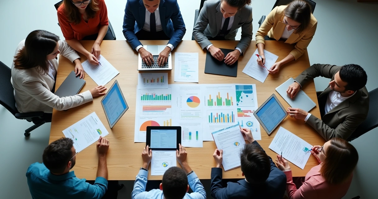 Equipes híbridas analisando pesquisa de clima em reunião 