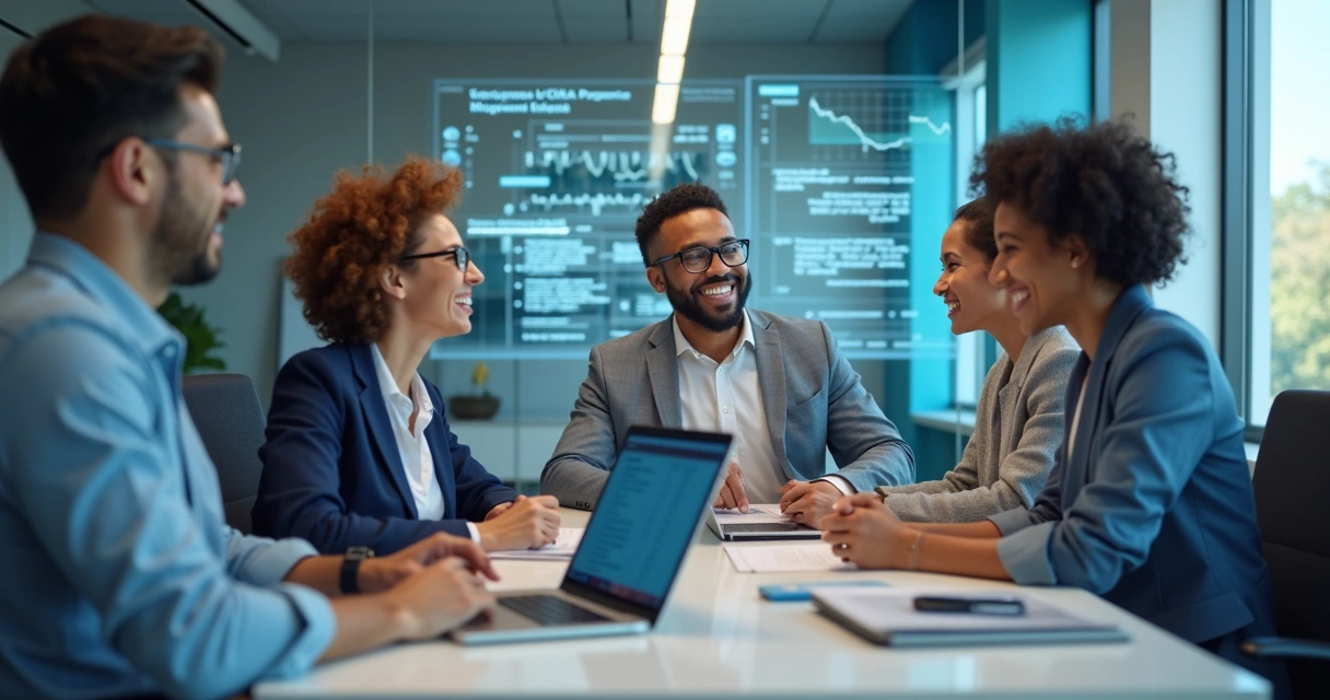Equipe contábil sorridente em sala decorada com tecnologia 