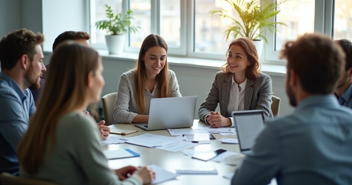 Equipe reunida em roda, dialogando em ambiente de trabalho 