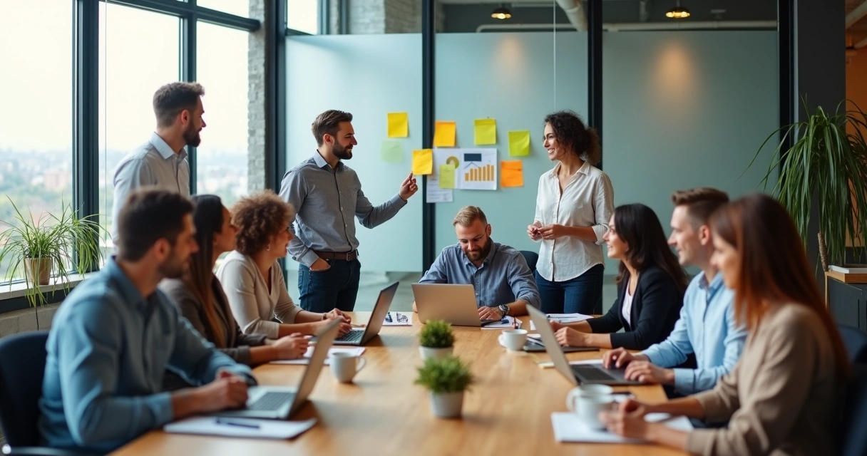 Equipe diversa em escritório moderno colaborando e demonstrando bom clima organizacional 