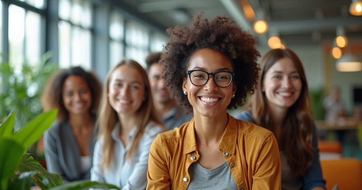 Equipe diversa sorrindo em ambiente de trabalho acolhedor e moderno 