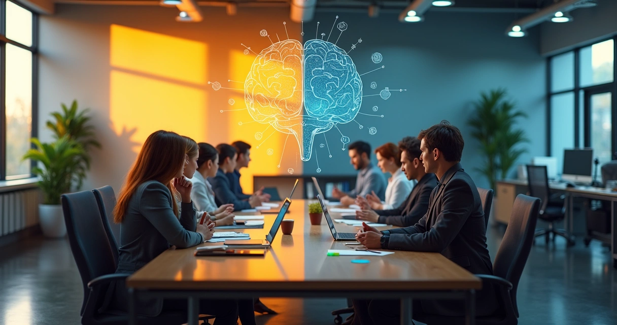 Equipe em reunião com metade do escritório claro e metade em sombras, simbolizando influências inconscientes no clima organizacional 