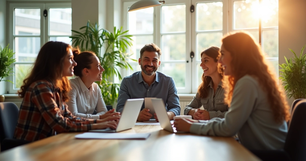Equipe reunida, sorrindo em ambiente de trabalho leve 