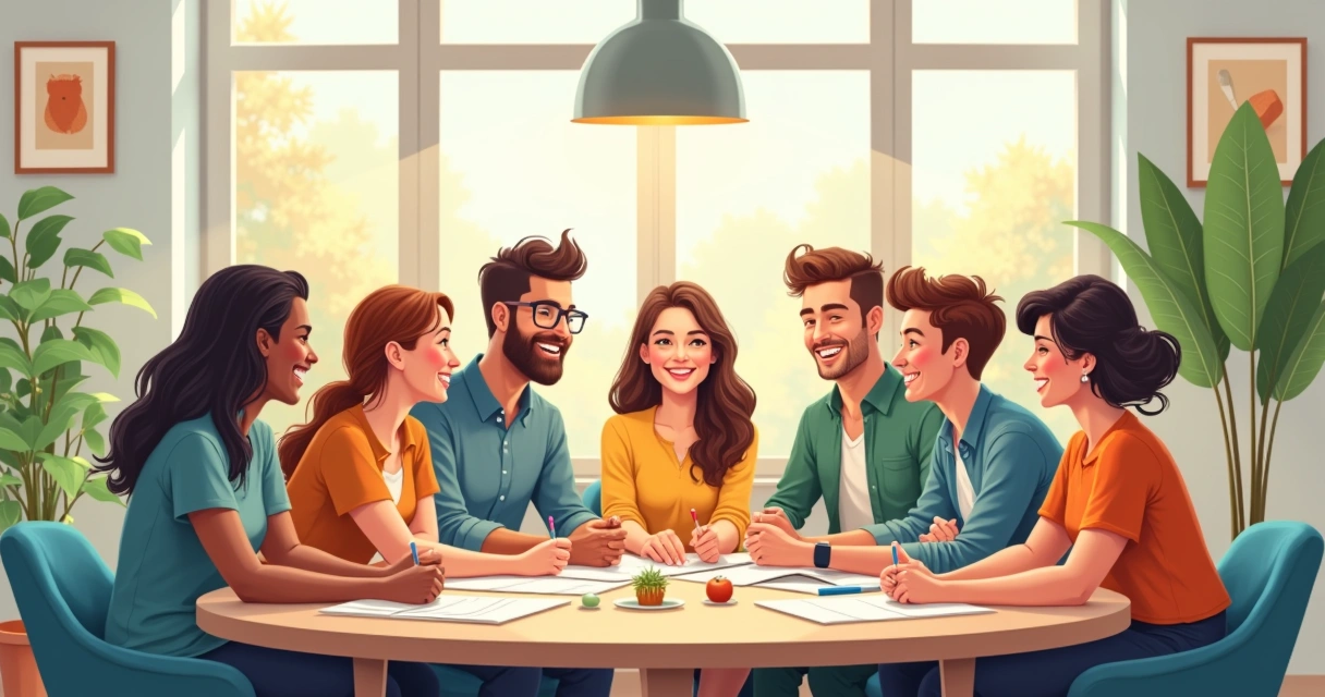 Equipe sorrindo reunida em volta de mesa no escritório, ambiente descontraído e diverso. 