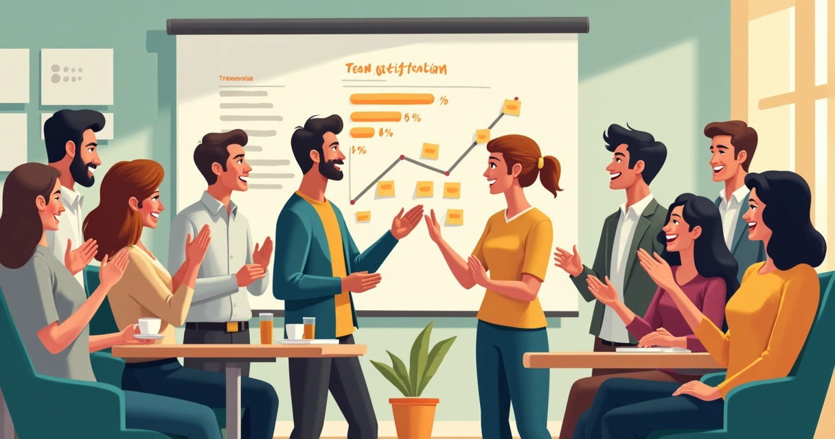 Equipe reunida em ambiente descontraído, comemorando resultado positivo em mural de clima organizacional.