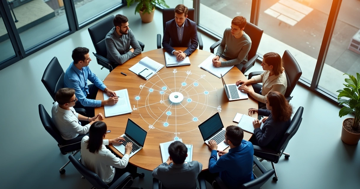 Equipe em reunião vista de cima com ícones conectando pessoas e organização 