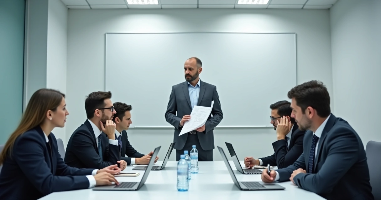 Sala de reunião com semblantes tensos, mostrando clima de insegurança 