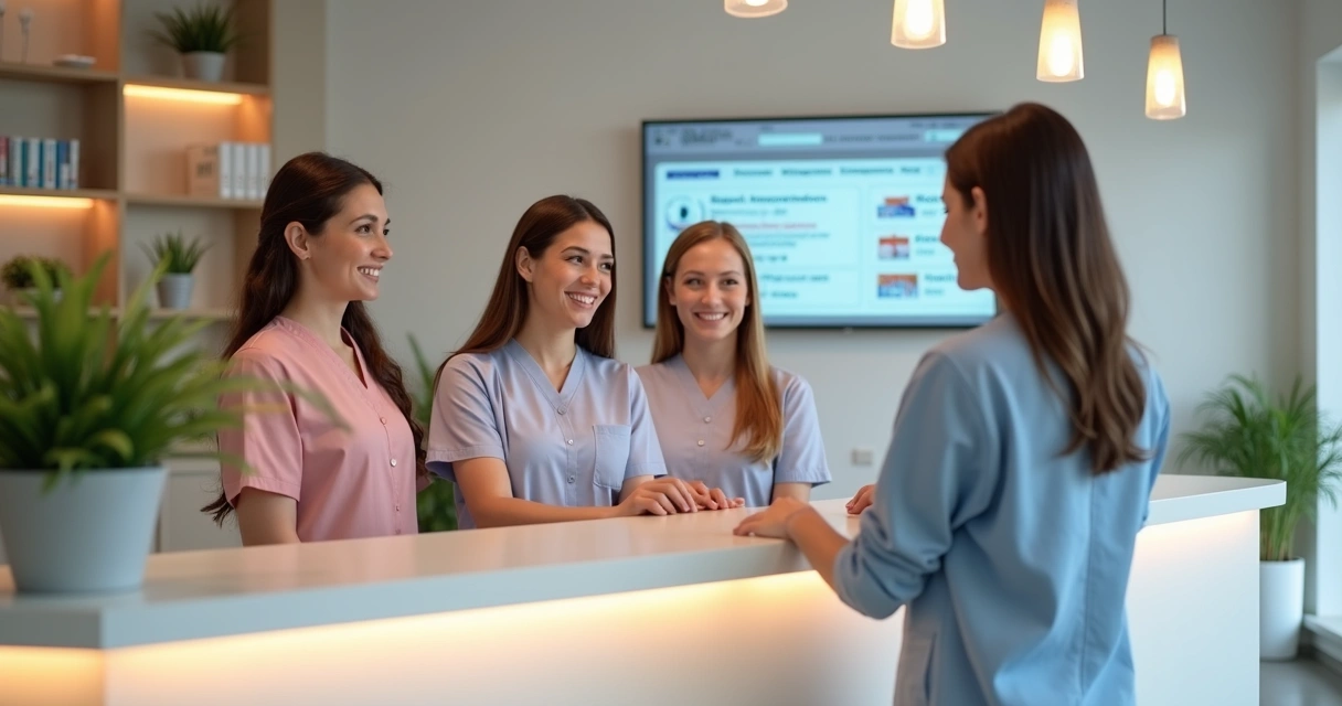 Recepção de clínica com equipe sorrindo 