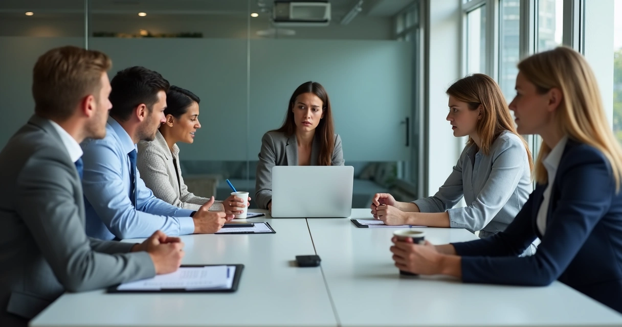 Equipe em escritório com clima tenso em reunião 