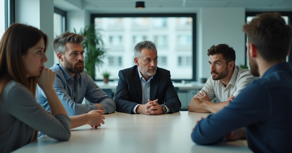 Ambiente de trabalho tenso e pessoas evitando contato visual. 