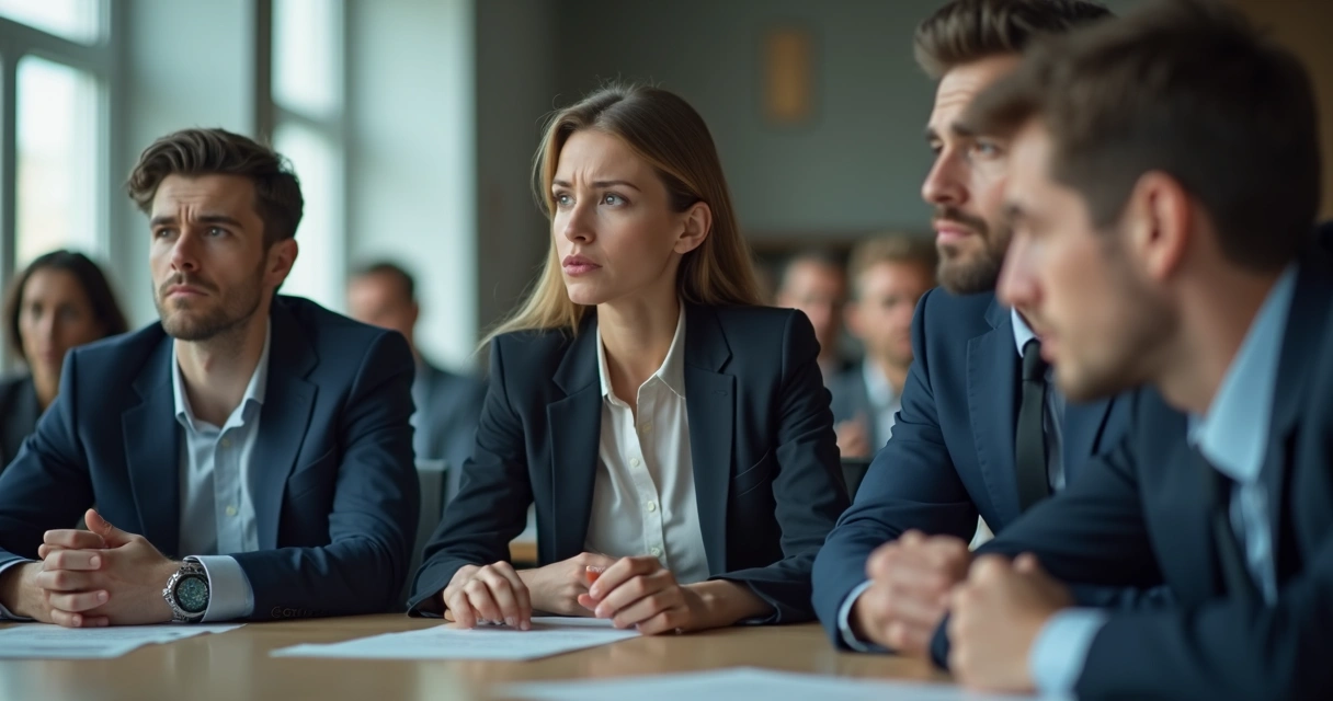 Equipe em reunião com clima visivelmente tenso em sala de reunião