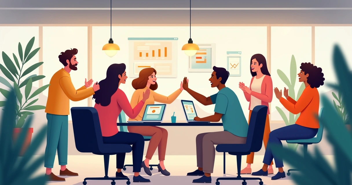 Equipe celebrando pequena conquista no ambiente de trabalho 