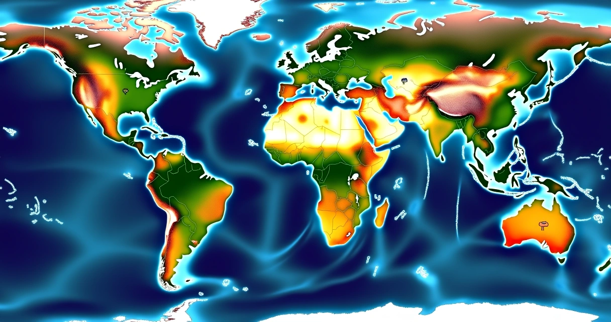 Map showing global climate patterns with highlighted regions of rainfall and temperature changes due to La Niña 2025 