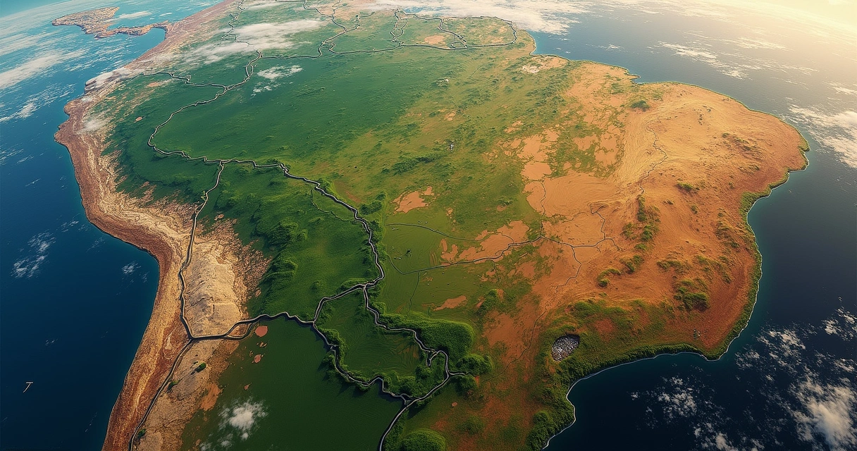 Satellite view of Brazilian and Argentine farmlands showing wet and dry patches. 