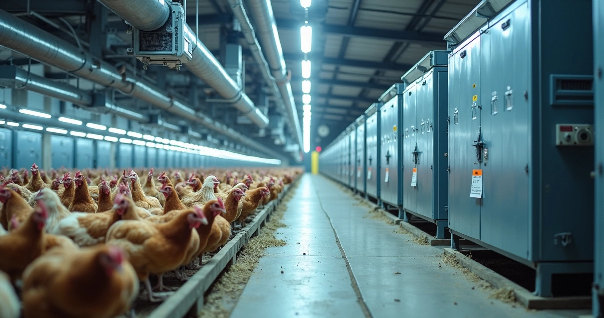 Sistemas de climatização e ventilação funcionando em uma granja moderna com baterias BESS 