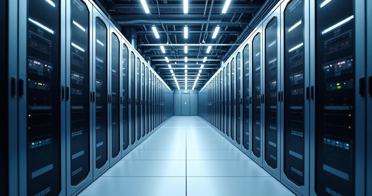 Sala de servidores de data center com equipamentos de climatização de precisão instalados. 