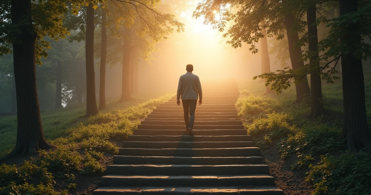 Person walking up stone steps at dawn with soft light
