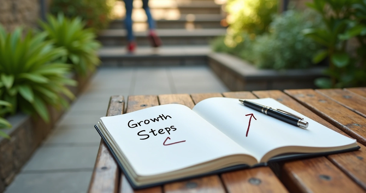 Notebook with growth steps beside a staircase 