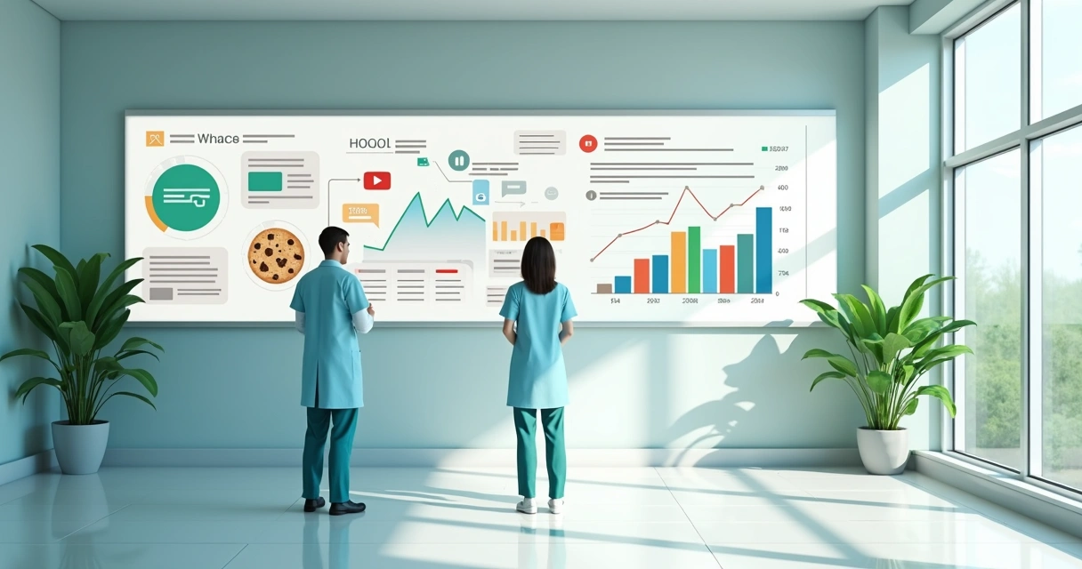 Clínica médica com quadro de estratégias digitais e gráficos relacionados ao YouTube