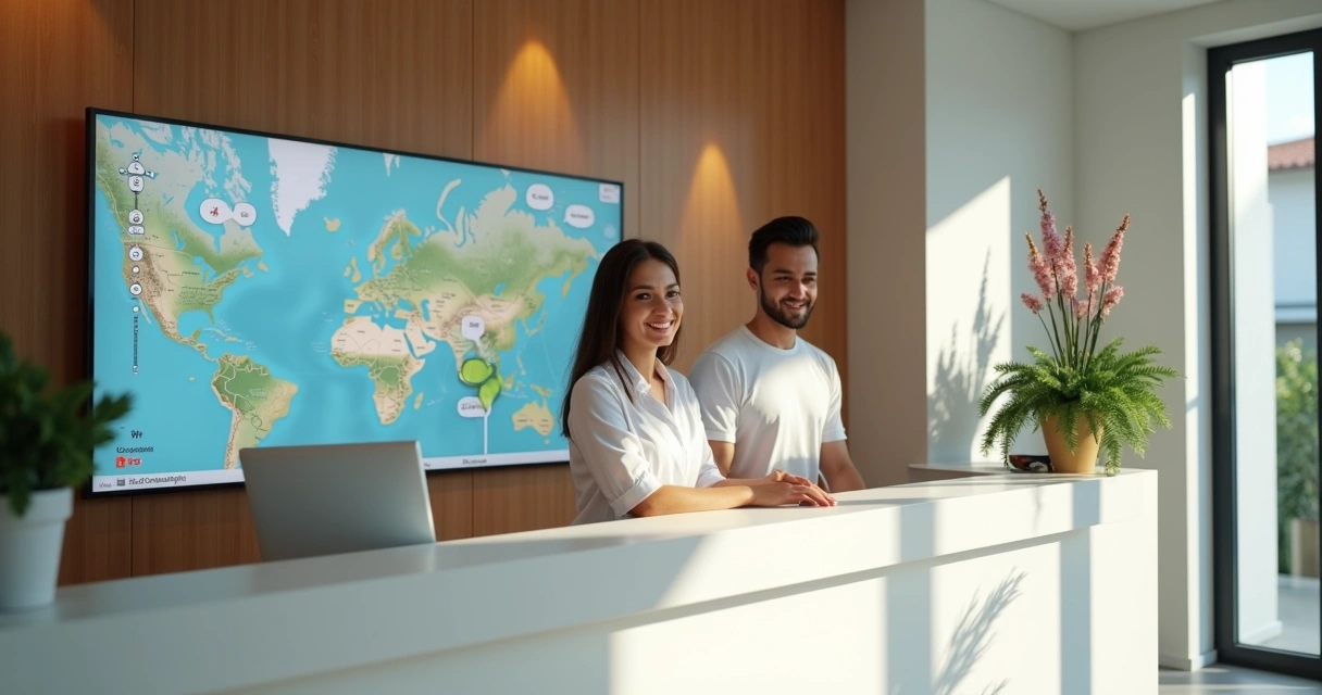 Recepção iluminada de clínica odontológica com equipe sorridente e tela exibindo Google Maps 