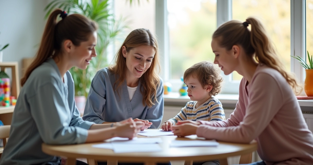 Equipe de clínica infantil conversando com família em consultório moderno 
