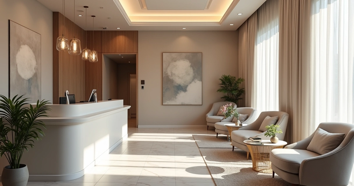 Recepção de clínica odontológica premium com ambiente aconchegante 