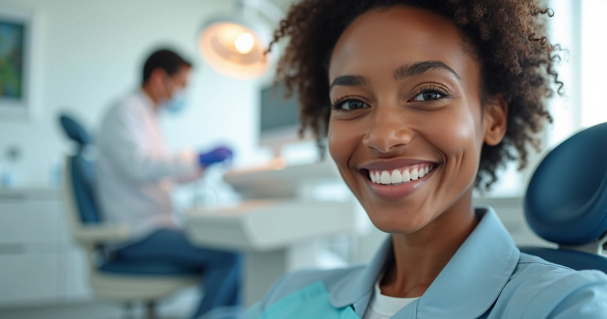 Mulher adulta sorrindo em clínica odontológica moderna com equipamentos 