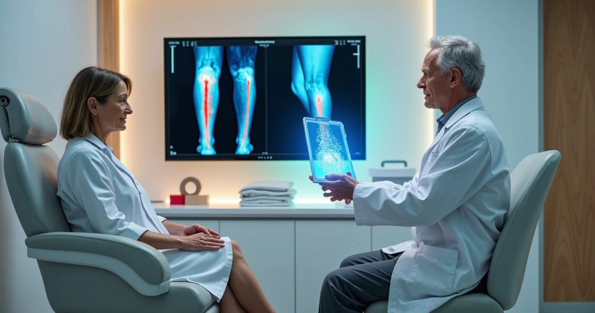 Médico vascular em consultório moderno mostrando modelo 3D de veias da perna para paciente adulta 